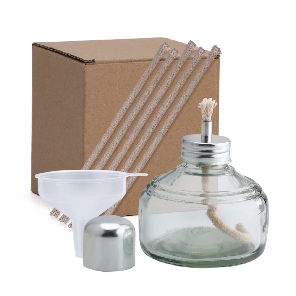 Brûleur à alcool en verre – Brûleur du chimie Chauffage Portable Bouteille Chauffante possédant Bouchon en Métal 150 ml avec 5 Mèches de Remplacement ainsi que Entonnoir