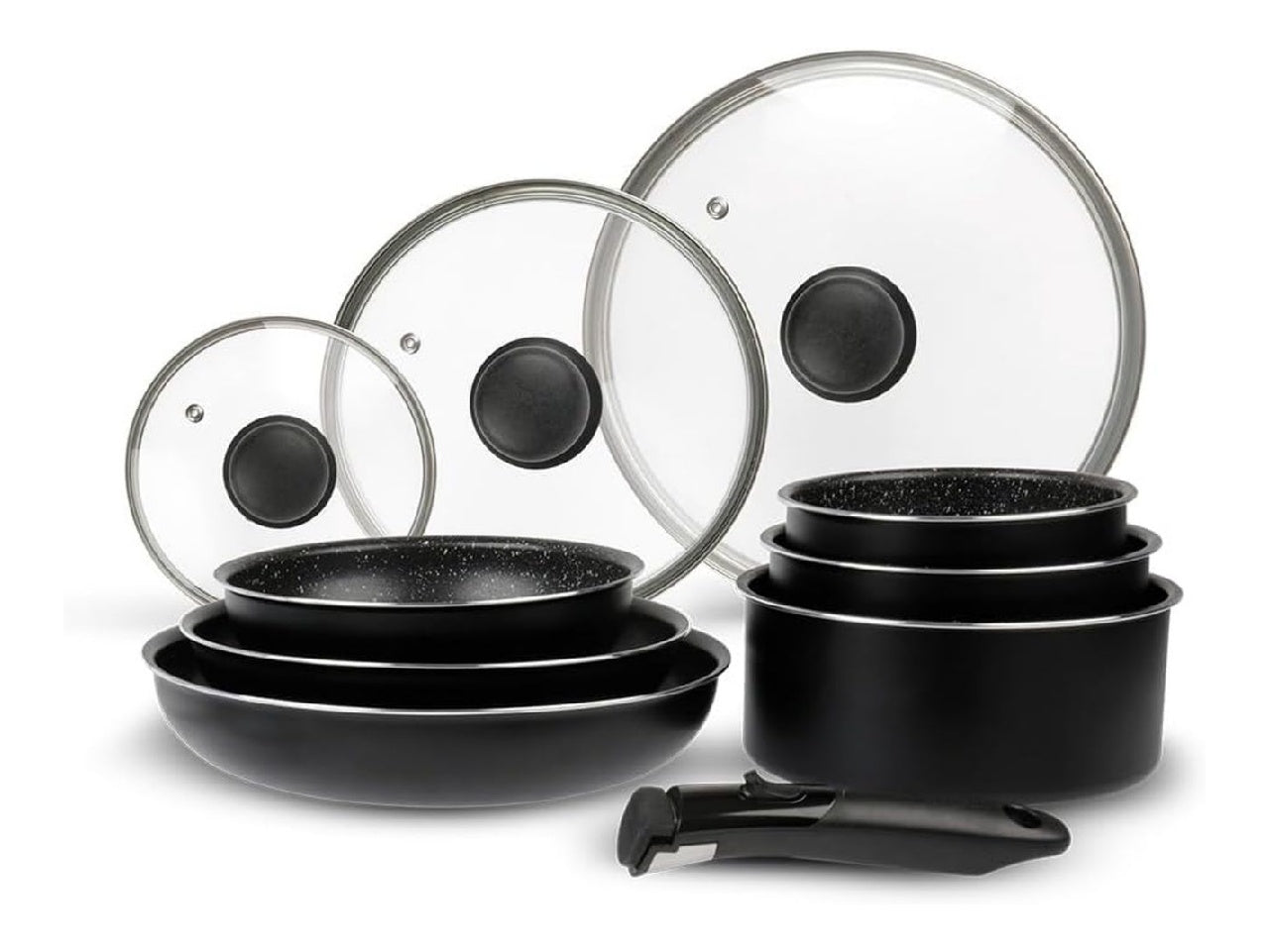 Sitram Batterie 713499 de Cuisine Aluminium 10 Pièces 3 Poêles Ø202428 cm 3 Casseroles Ø161820 cm 3 Couvercles Verre Ø162024 cm manche amovible Tous feux dont induction